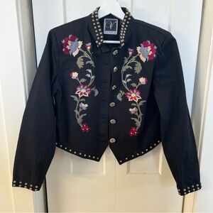 Black Floral Embroidered Jean Jacket